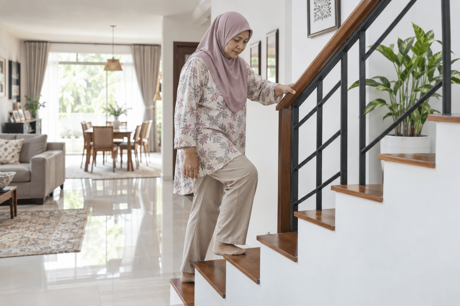 Wanita menaiki tangga dengan berhati-hati